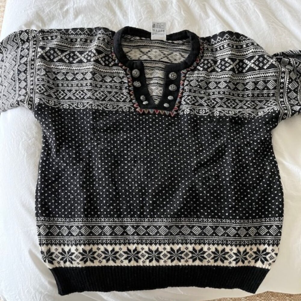 DALE OF NORWAY Classic Black Fair Isle 1/4 Button Ski Sweater Size M